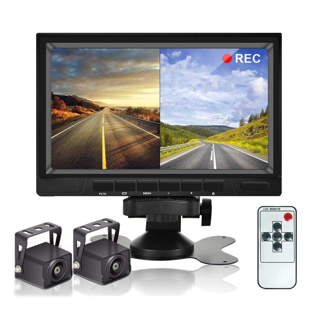 Dual Backup Camera System Video Recorder Camera CAMECHO 7 Inch 2 Split Monitor Waterproof Night Vision HD Rear View Cameras Kit 12V-36V