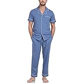 MAYFISH Mens Pajamas Set 100% Cotton Men's Short Sleeve Long Pants Sleepwear Soft Loungewear Button Down 2 Pieces Pjs Set