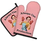 DYJYBMY Always Use Protection Funny Oven Mitts and Pot Holder Set, Retro Housewife Kitchen Gadgets for Women, Baking Gifts for Bake Lover Chef Friend, Hostess Gifts for Mom Wife Aunt Sister BFF