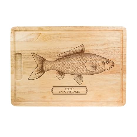 Crazy Kitchen Schneidebrett aus Holz mit Gravur – „Fang des Tages“ – Personalisiert mit Namen – Motiv Fisch - Grillbrett, Hol