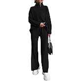 dowerme Women Spring 2 Piece Outfits 2026 Winter High Neck Sweater Sets Drawstring Wide Leg Pant Chunky Knit Lounge Set