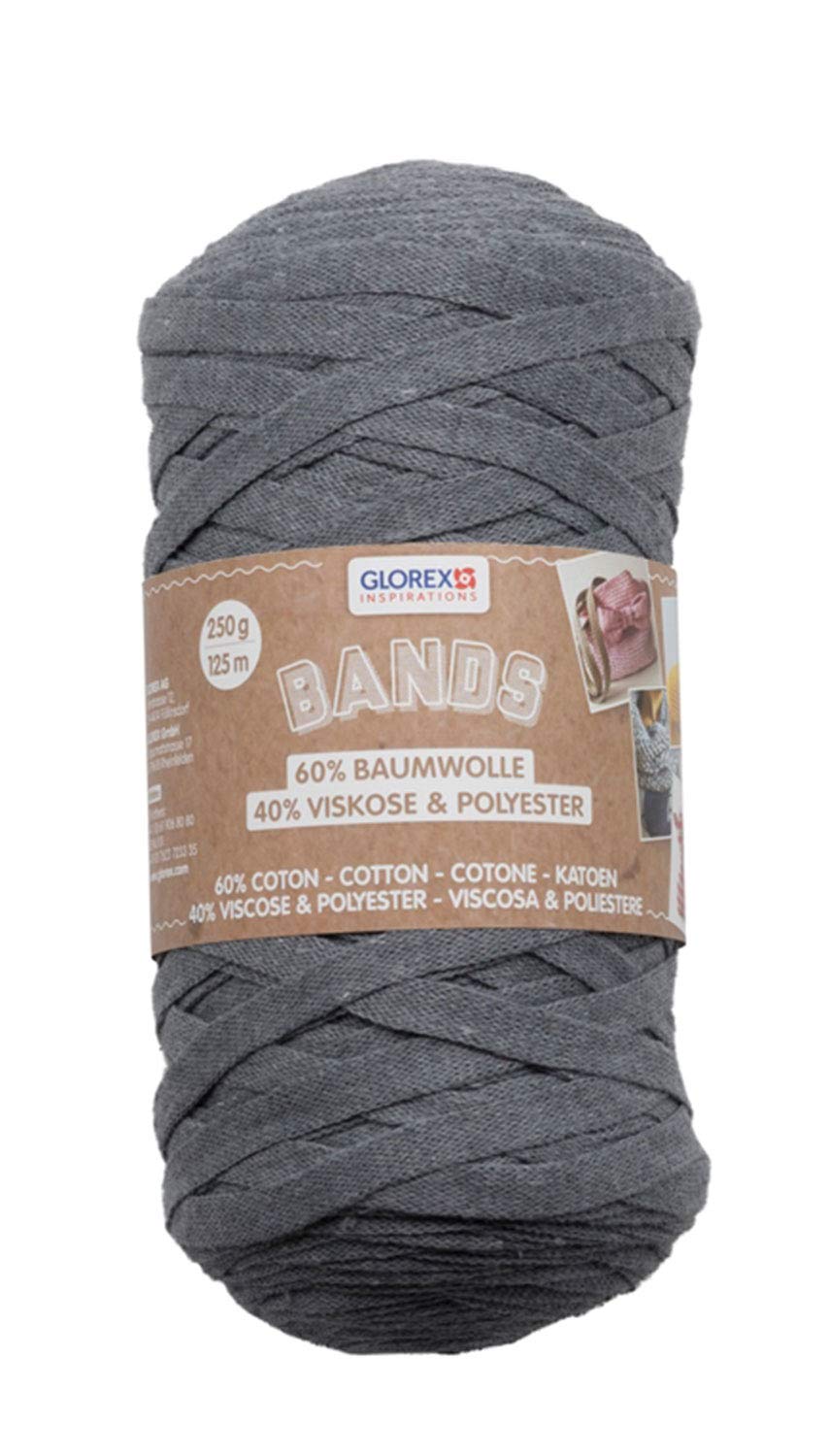 Glorex Bands Macrame, Super Soft Yarn Made from 60% cotton/40% Viscose, for Crocheting, Knitting, Knotting and Textile Designing, 250 g, Approx. 125 m, Grey, Rayon Cotton, Gray