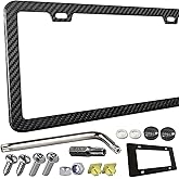ZXFOOG Carbon Fiber License Plate Frame- 100% Handcrafted Real Carbon Fiber Cloth Wrapped Holder, Slim Black Stainless Steel Car Tag Cover with Screws Caps, Rattle Proof Pad, 1 Pack 2 Hole
