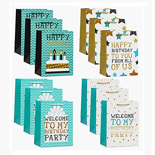 UNIQOOO 12 Pack Medium Size Happy Birthday Gift Bags– Premium Bulk Assorted 4 Designs Gift Bag with Handles – Perfect For Birthday, Wedding, Christmas, New Year, Housewarming and Party Favors