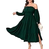 Plus Size Wedding Guest Dress Off The Shoulder Long Sleeve Smocked Slit Cocktail Party Maxi Dress for Curvy Women