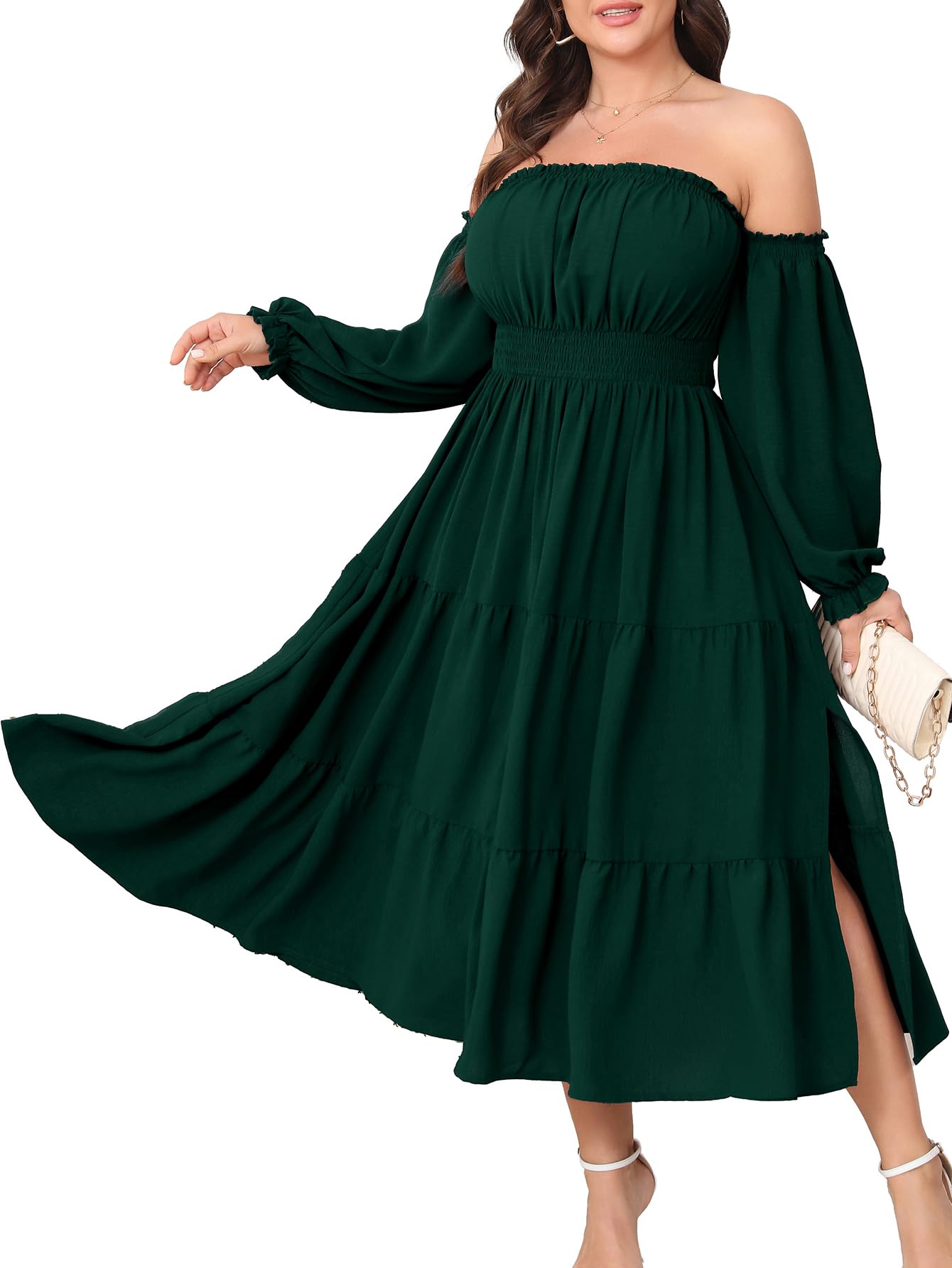 Photo 1 of Plus Size Wedding Guest Dress Off The Shoulder Long Sleeve Smocked Slit Cocktail Party Maxi Dress for Curvy Women Emerald Green