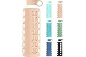 purifyou Premium 40/32 / 22/12 oz Glass Water Bottles with Volume & Times to Drink, Silicone Sleeve & Stainless Steel Lid Insert, Reusable Bottle for Fridge Water, Milk, Juice (32oz Hazelnut)