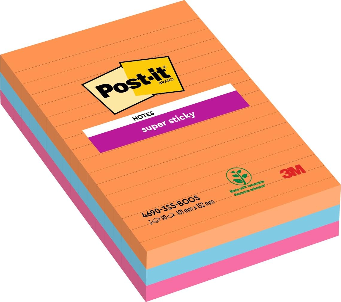 Post-it Super Sticky Large Notes, Lined, 270 Sheets, Pack of 3 Pads, 101 mm x 152 mm - Holds Strong to Many Surfaces - Bright Colours - for Walls, Monitors and Fridge, Recycable
