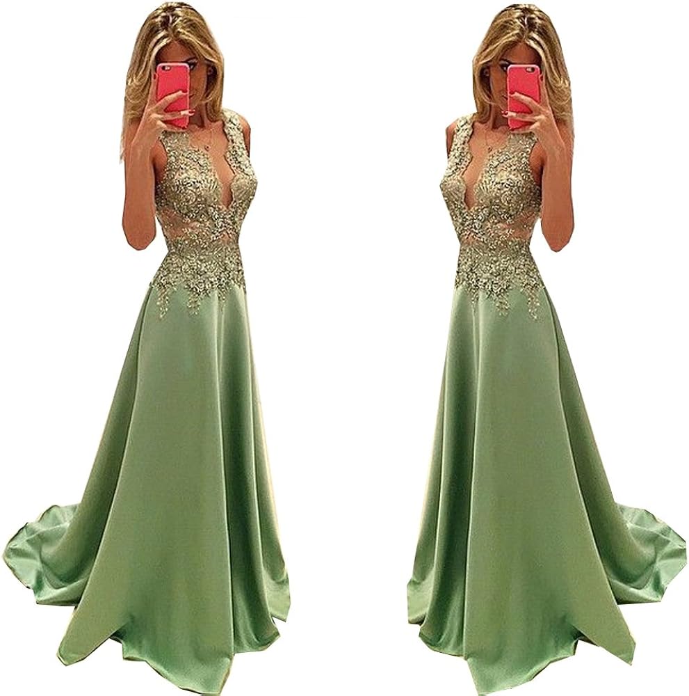 Green Dresses Sexy Deep V Neck Floor Length Court Train