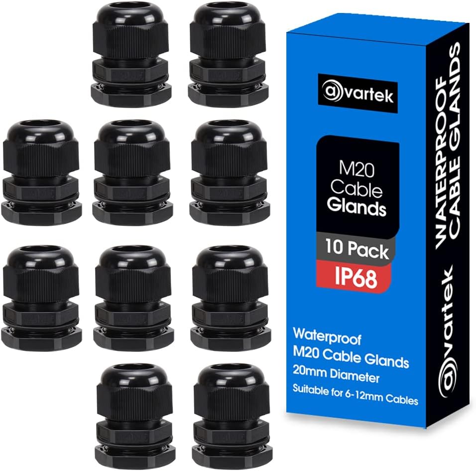 AVARTEK 10x M20 20mm IP68 Waterproof Cable Glands 6-12mm Black Nylon