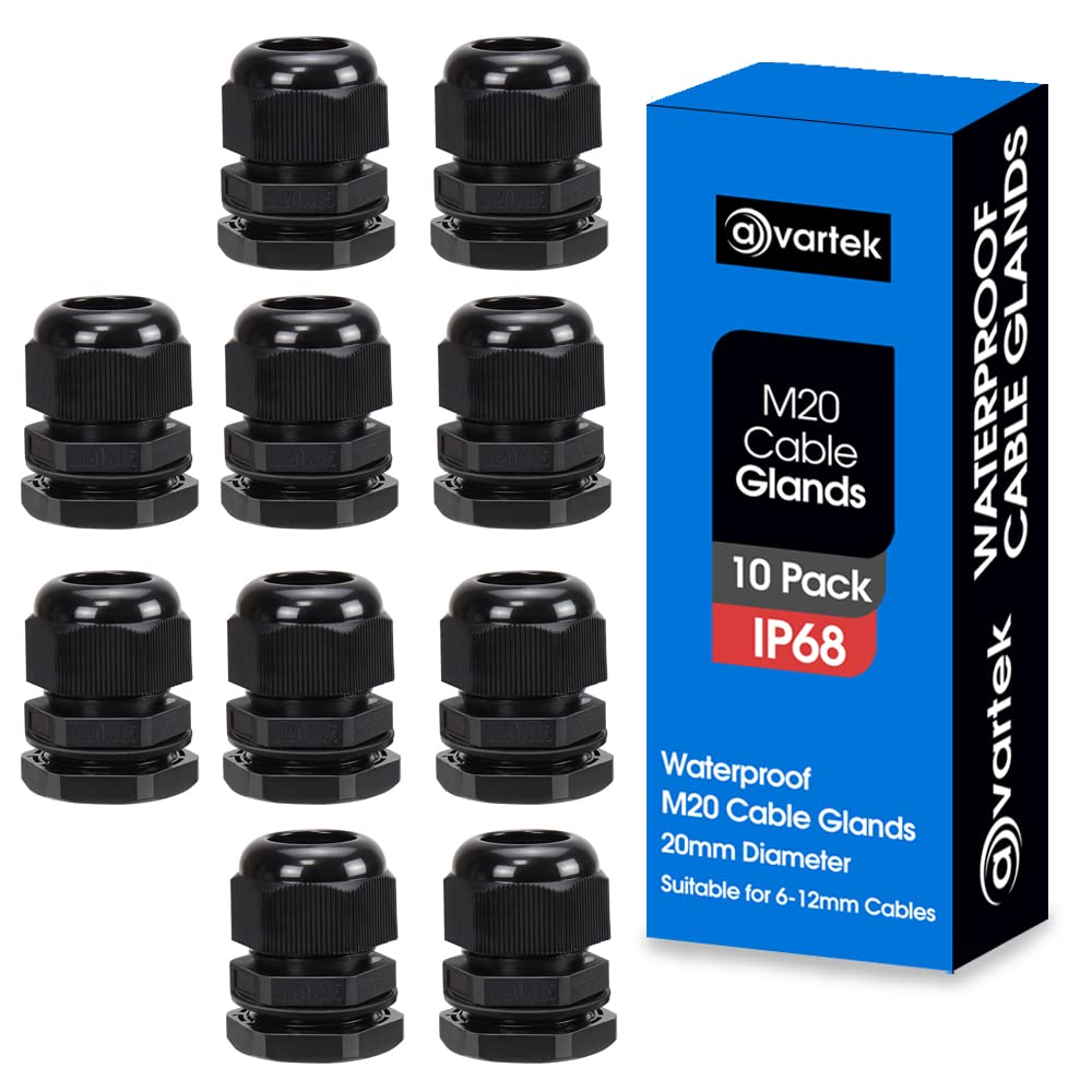 10 Pack M20 20mm IP68 Waterproof Black Cable Glands, Suitable for 6mm - 12mm Cables, Plastic Nylon Compression Glands Connectors with Locknut and Washer - AVARTEK