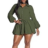 Quzzion Summer Rompers for Women One Piece Tshirt Long Sleeve Button Drawstring Short Jumpsuits Overalls Outfits