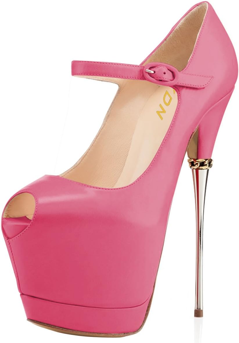YDN Women Peep Toe Sky High Heels Platform Pumps Ankle Straps Shoes Metal Stilettos