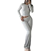 YETOWA Women's 2 Piece Lounge Set Long Sleeve Crop Top and High Waisted Flare Pants Soft Knit Loungewear Outfit