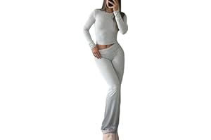 YETOWA Women's 2 Piece Lounge Set Long Sleeve Crop Top and High Waisted Flare Pants Soft Knit Loungewear Outfit