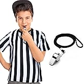 Funtery 3 Pcs Children's Referee Shirt Costume Black and White Stripe Umpire Jersey Whistle Yellow Penalty Flag for Halloween
