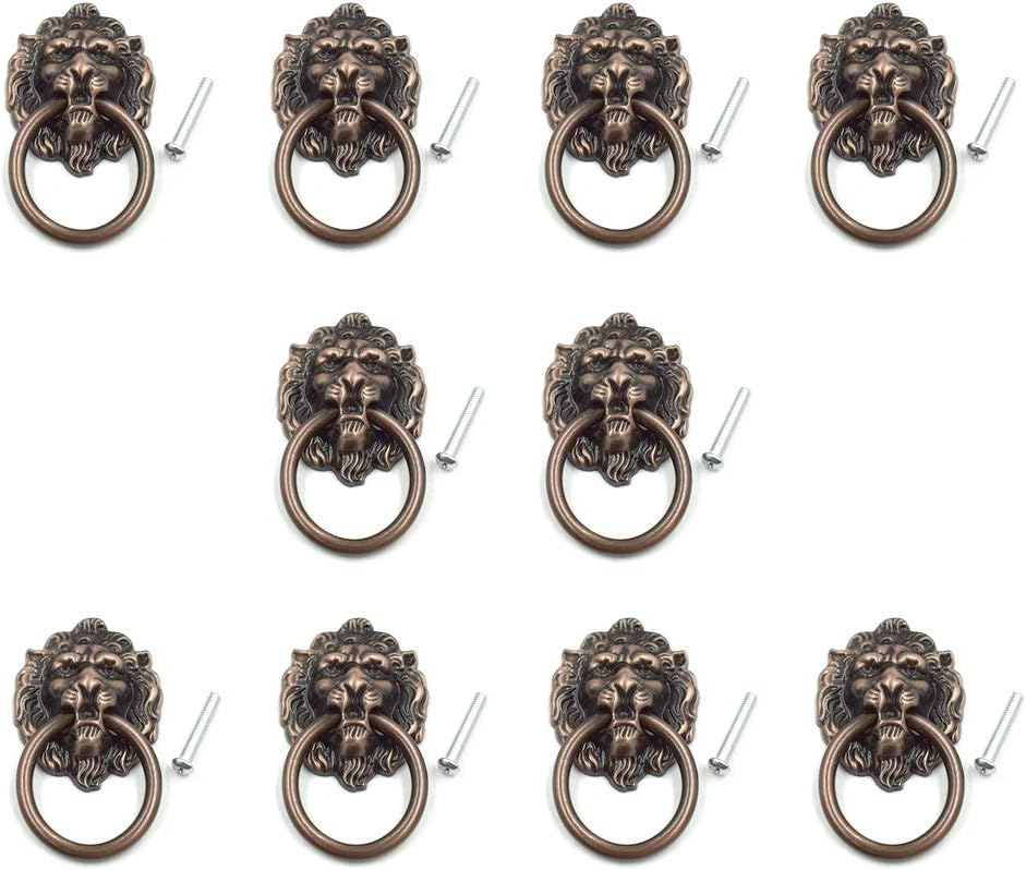 Cyful 10 Pcs Lion Head Cabinet Knobs Pull Handle Door Dresser Drawer Pull Ring Copper Tone L 2.6" x W 1.6"