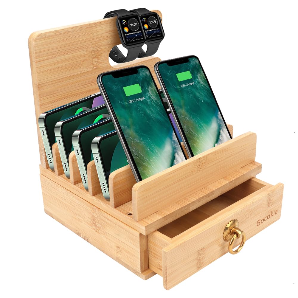 Gocokia Multifunctional Bamboo Stands, Five Grooves Cell Phone/Tablet Holder with Drawer, Watch Storage Hanger, Bamboo Stand for Holding Keys, Books, for iPad