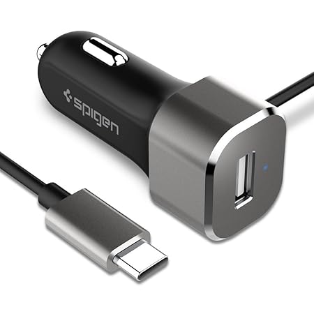Spigen Essential F25QC USB Type C 27W kfz ladegerät [2.4A USB A Port+ 3A Built-In USB Type C Cable 1m/3.3ft] für Smartphones,