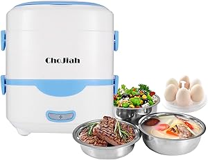 ChoJiah Self Cooking Electric Lunch Box, Mini Rice Cooker, Multi-function Cooking Steaming Lunch Box for Home Office School Cook Raw Food, 1.5L/110V/ Blue