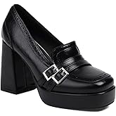 Forevercan Women's Leather Buckle Chunky High Heel Loafers Pumps Fashion Closed Round Toe Slip On Platform Block Heel Pumps Comfort Office Work Dressy Shoe