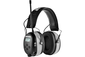 Hocazor HP10 FM AM Radio Headphones with LCD Display, 30dB SNR Hearing Protection Safety Earmuffs for Mowing Work Shops, Grey