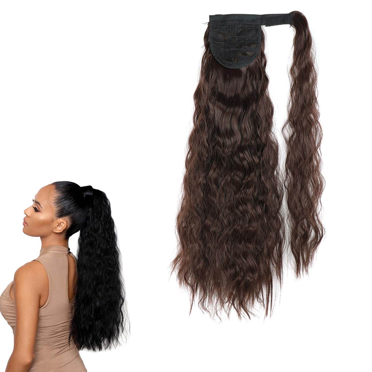 prinfantasy Ponytail Extension Clip in Ponytail Extension Long Corn Wave Wrap Around Long Wavy Curly Synthetic Hairpiece for Women GBMW052