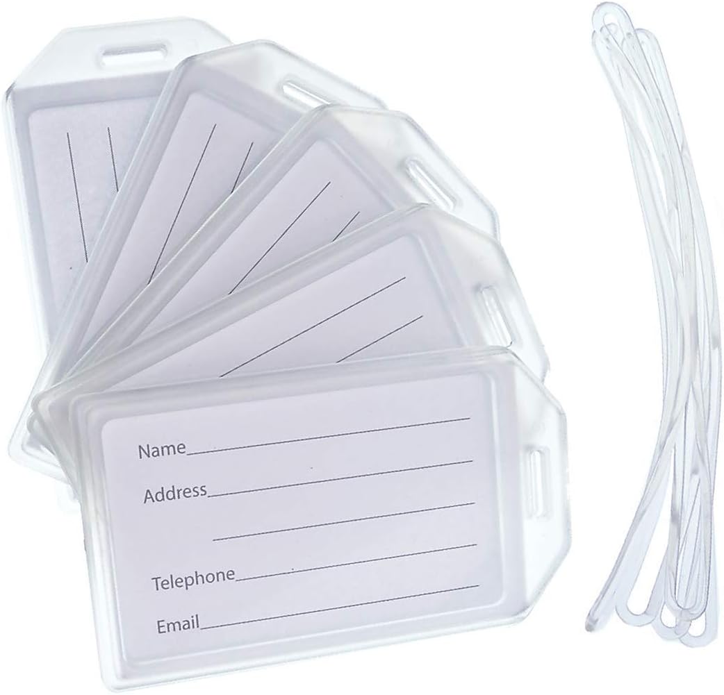 5 Pack - Premium Rigid Airline Luggage Tag Holders with 6" Worm Loops - Heavy Duty Hard Plastic -Suitcase ID Tag Identifiers with Business Card Insert Window by Specialist ID (Translucent/Clear): Office Products