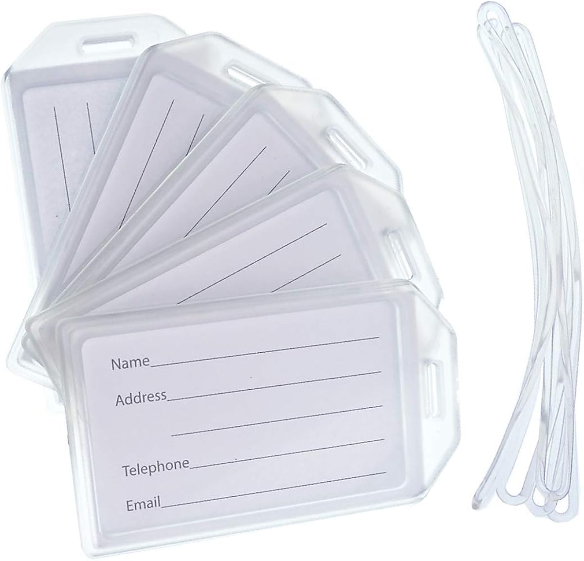 5 Pack of Premium Rigid Luggage Tag Holders with 6" Worm Loops by