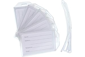 5 Pack - Premium Rigid Airline Luggage Tag Holders with 6" Worm Loops - Heavy Duty Hard Plastic -Suitcase ID Tag Identifiers with Business Card Insert Window by Specialist ID (Translucent/Clear)
