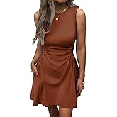 Mieazom Women's Casual Dress Summer Sleeveless Ruched Waist Elegant Pleated Slim-Fit Mini Dresses with Pockets