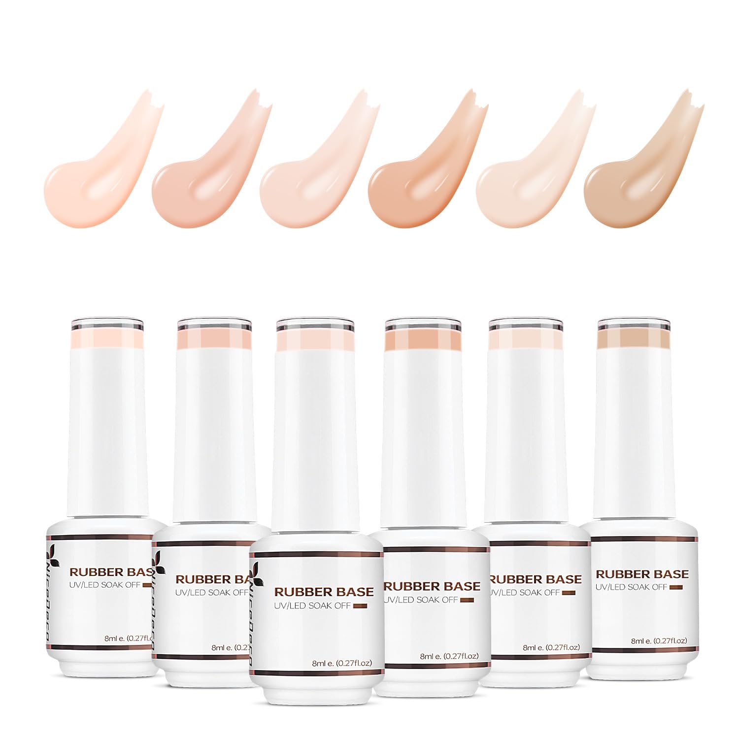 Nicedeco 4 In 1 Rubber Base Gel Set For Nails, Hema Free Nude Rose Pink Sheer Color Gel Nail Polish UV LED,Elastic Rubber Nail Strengthen Enhance Base Coat 6pcs x 8ml-Kit34