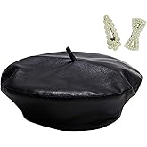 MINGSEECESS Women PU Leather French Black Beret Hat Causal Beanie Hat