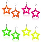 4 Pairs 80s 90s Neon Star Earrings for Women, Circular Drop Oval Jewelry Acrylic Retro Neon Dangle Earring for Costume Dancing Glow Party Outfit Accessories (Orange, Yellow, Green, Rose Red)