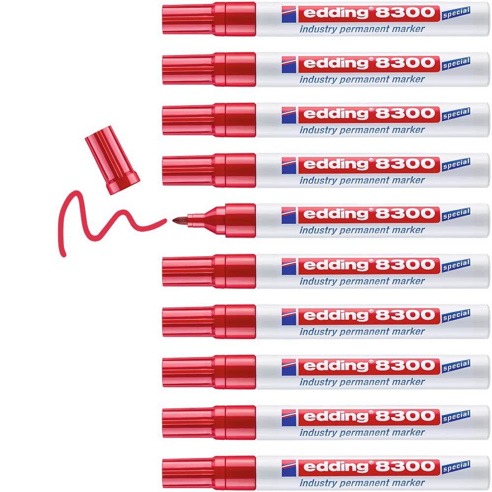 edding 8300 industry permanent marker - red - 10 pens - round nib 1.5-3 mm - for permanent marking on slightly oily and dusty surfaces
