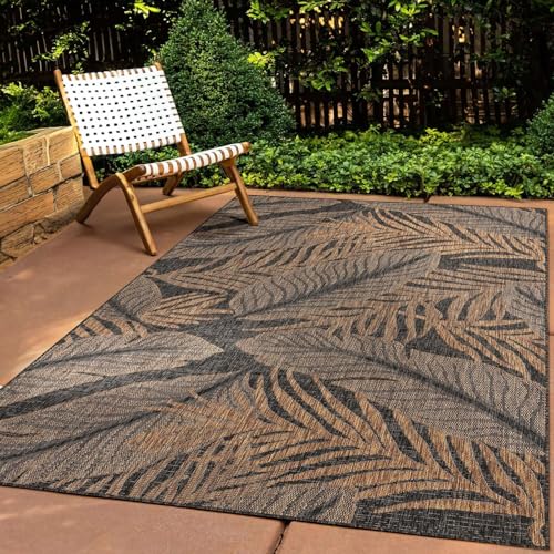Taracarpet In & Outdoor Teppich Wetterfest Wohnzimmer Balkon Küchenteppich Terrassenteppich Flachgewebe Sisaloptik mit Muster blätter schwarz 160x220 
