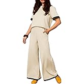 Tanming Women's 2 Piece Matching Lounge Set Short Sleeve Knit Pullover Tops Wide Leg Pants Tracksuits