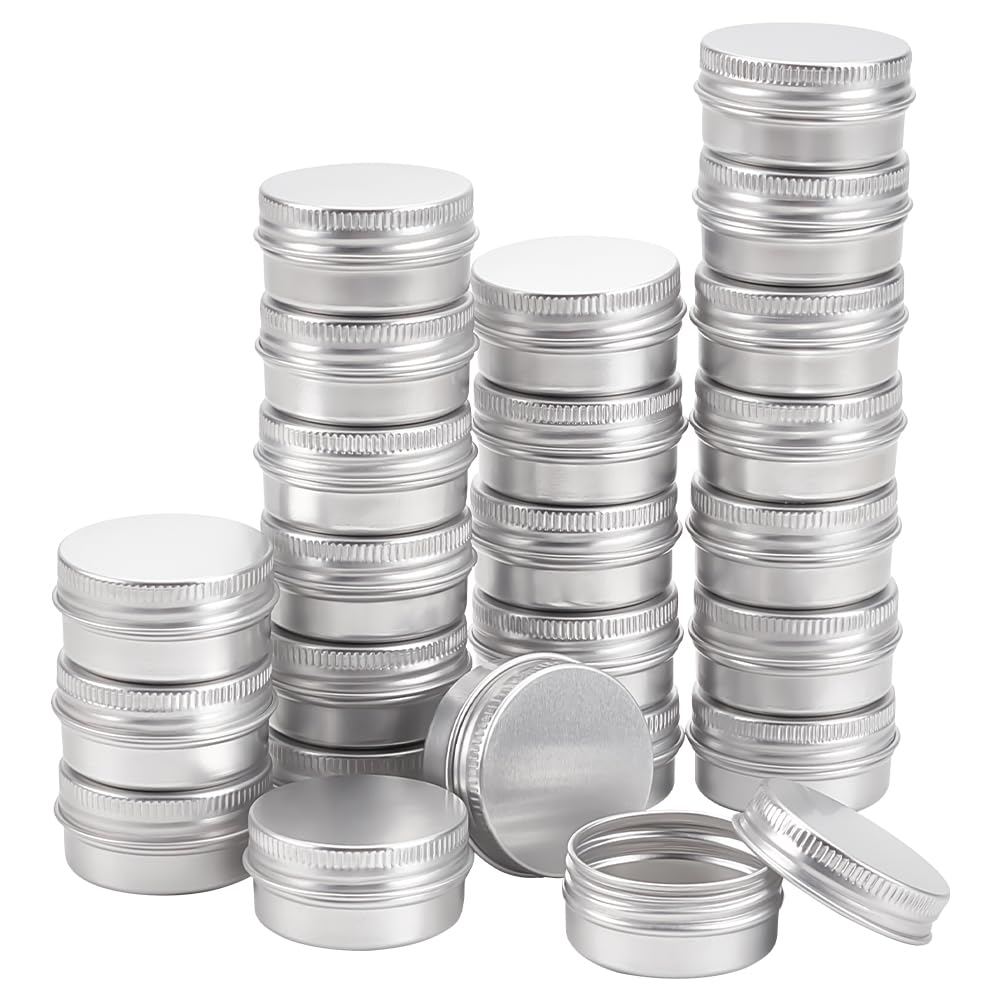 BENECREAT 24 Pcs 10ml Aluminum Tin Jars, Round Aluminum Tin Cans Cosmetic Containers with Screw Lid for DIY Crafts Candle Travel Storage-Platinum