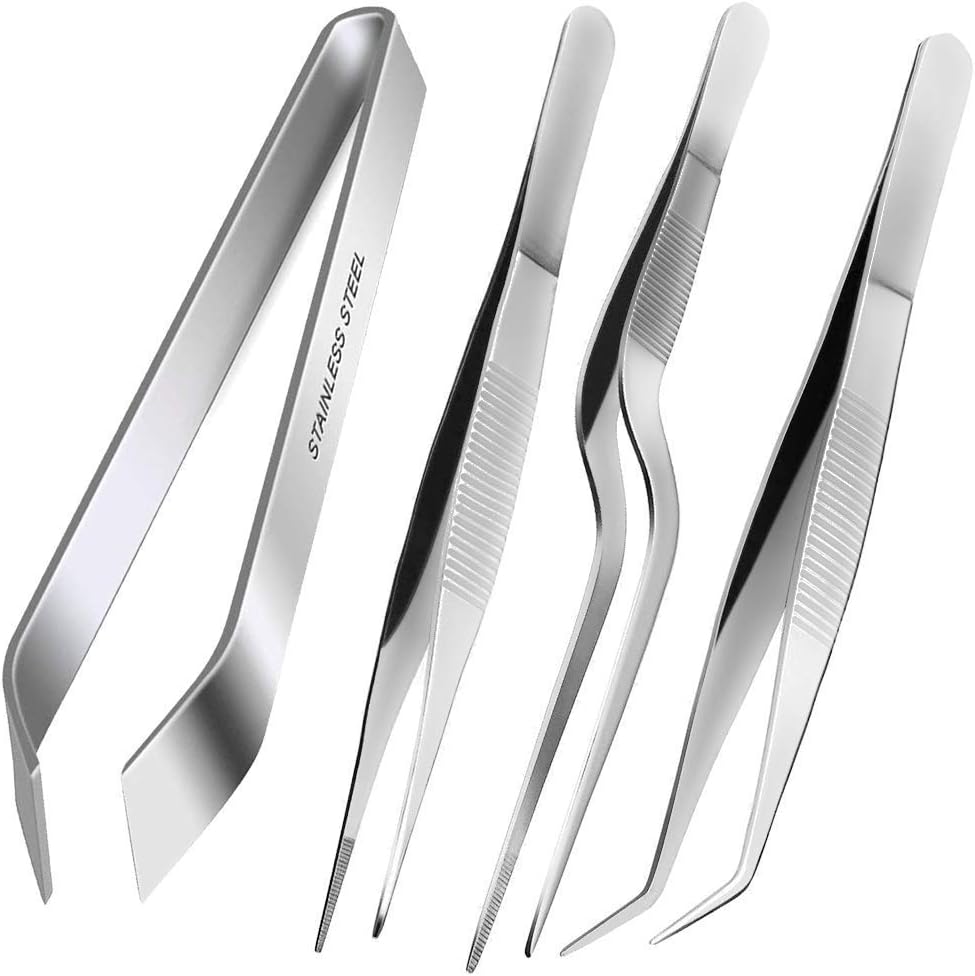 GDGY 4-Piece Tweezers, Tongs Tweezers, Fish Bone Tweezers Set 5.5 inches Stainless Steel Precision Tongs tweezer with Cooking, Offset Tip (Silver)