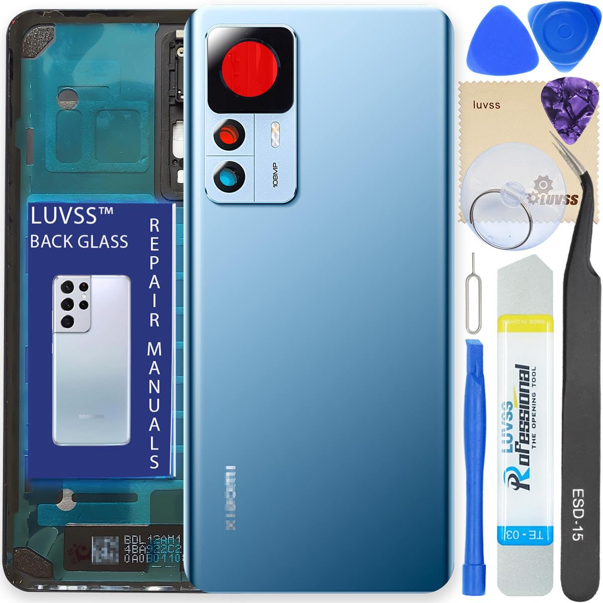 LUVSS Back Glass Cover Replacement Compitable for Xiaomi 12T 5G Rear Cover + Camera Lens + Repair Manual DIY Tools Kit (Blue)