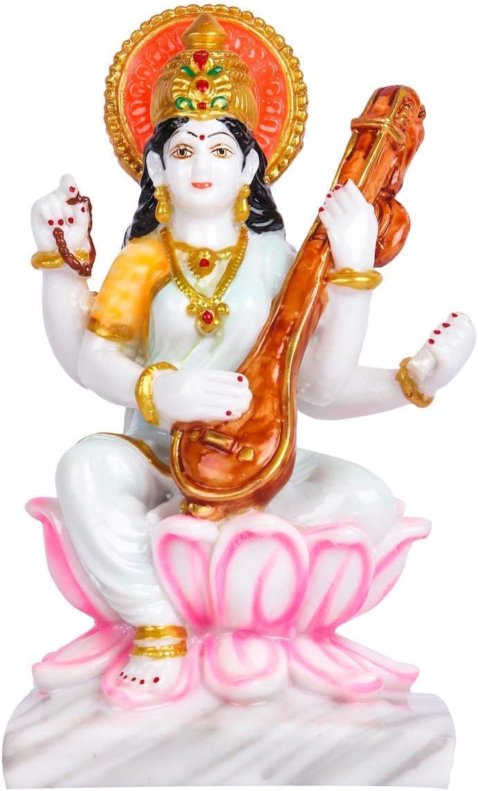 Divine Gifts Marble Saraswati Statue Showpiece Idol-6 INCH(Marble, Multicolor)