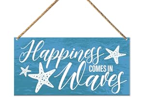 QVUXZ Beach Wood Sign Decor, Summer Starfish Bathroom Home Beach House Wall Decoration Bedroom Living Room Door Decor Farmhouse Sign Decorations, Housewarming Gifts for New House Home, Happiness Waves
