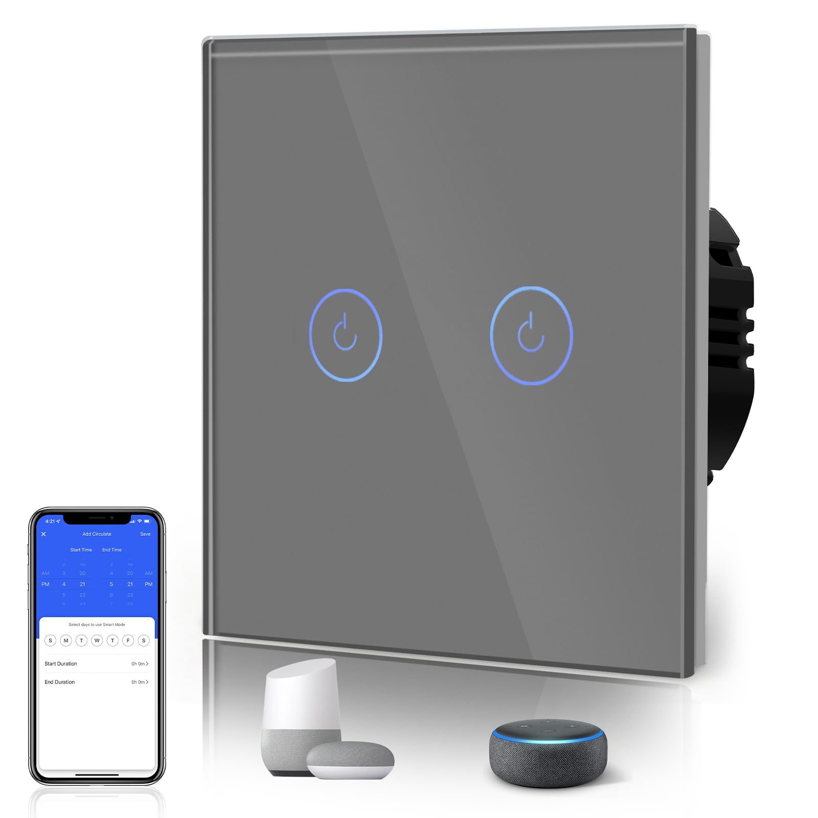 BSEED Smart Light Switch,Touch Switches for Lights,Glass Panel with Backlit,Works with Alexa & Google Assistant,Neutral Wire Required,2 Gang 1 Way,86mm Grey — image 1
