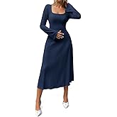 Cicy Bell Womens Sweater Dress Square Neck Maxi Dress Long Sleeve Tie Waist Fall Winter Wedding Guest Knit Midi Dresses