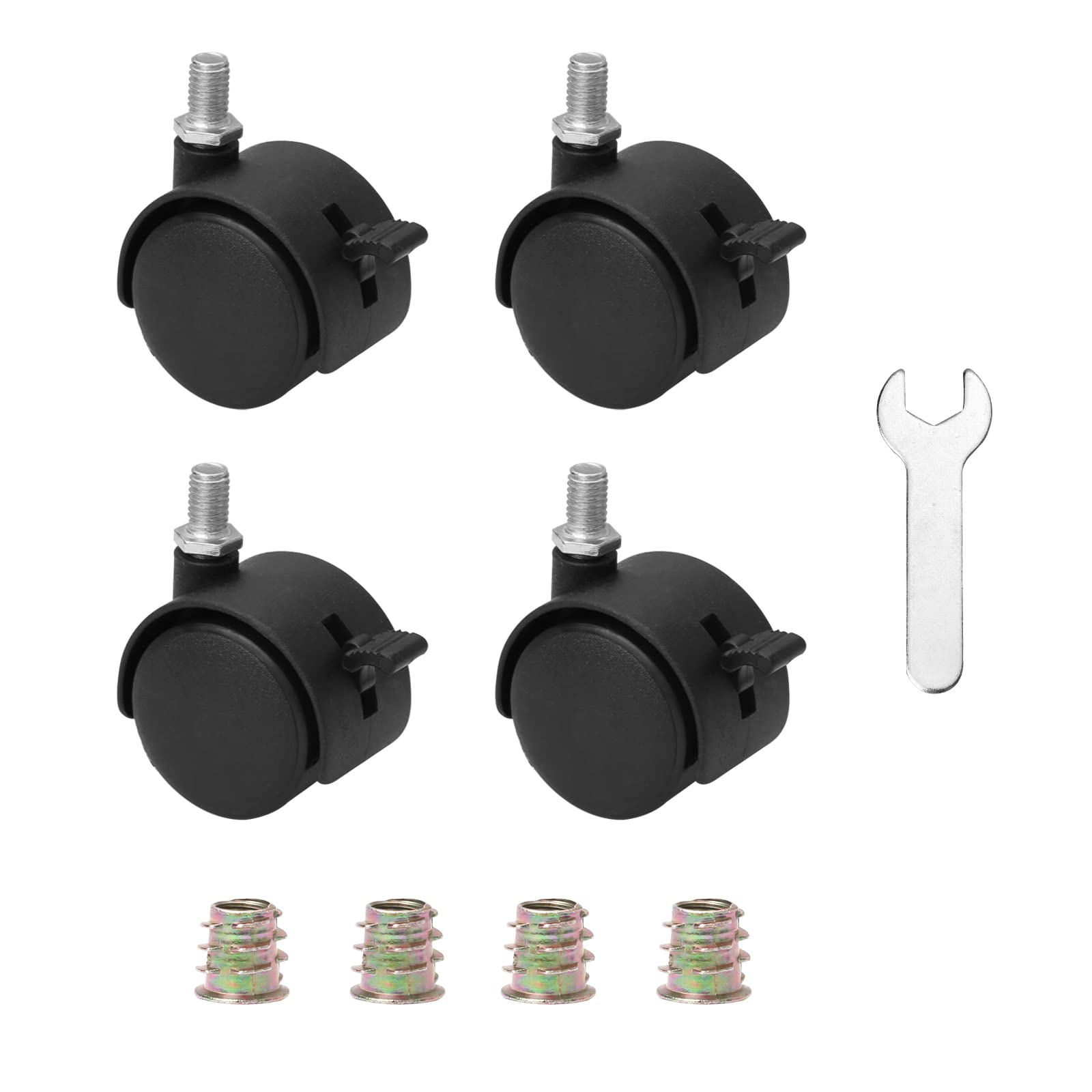 4 PCS Nylon Caster Wheels with Brake, Black Swivel Castor Wheels with M7.5 Threaded Stem Nut and Spanner, Plastic, Black