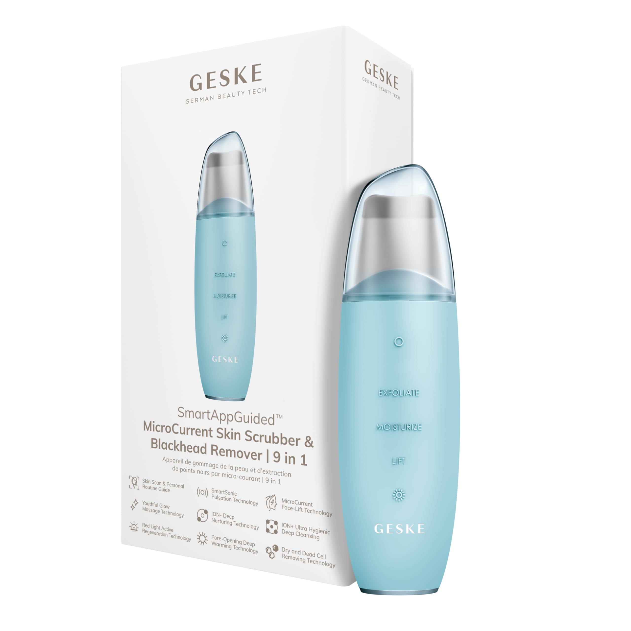 GESKE SmartAppGuided™ MicroCurrent Skin Scrubber & Blackhead Remover | 9 in 1 | Skincare tool | Pores cleaner | Anti-aging and cleansing | Professional face lift | Blackheads removal & extraction