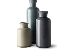 KAYLYNN Small Ceramic Vase Set of 3, Wide Mouth Color Vases Bulk Lot for Boho, Flower, Centerpieces, Farmhouse Pampas Grass, Living Room, Bedroom, Home Decor and Dining Table Decoration, Brown