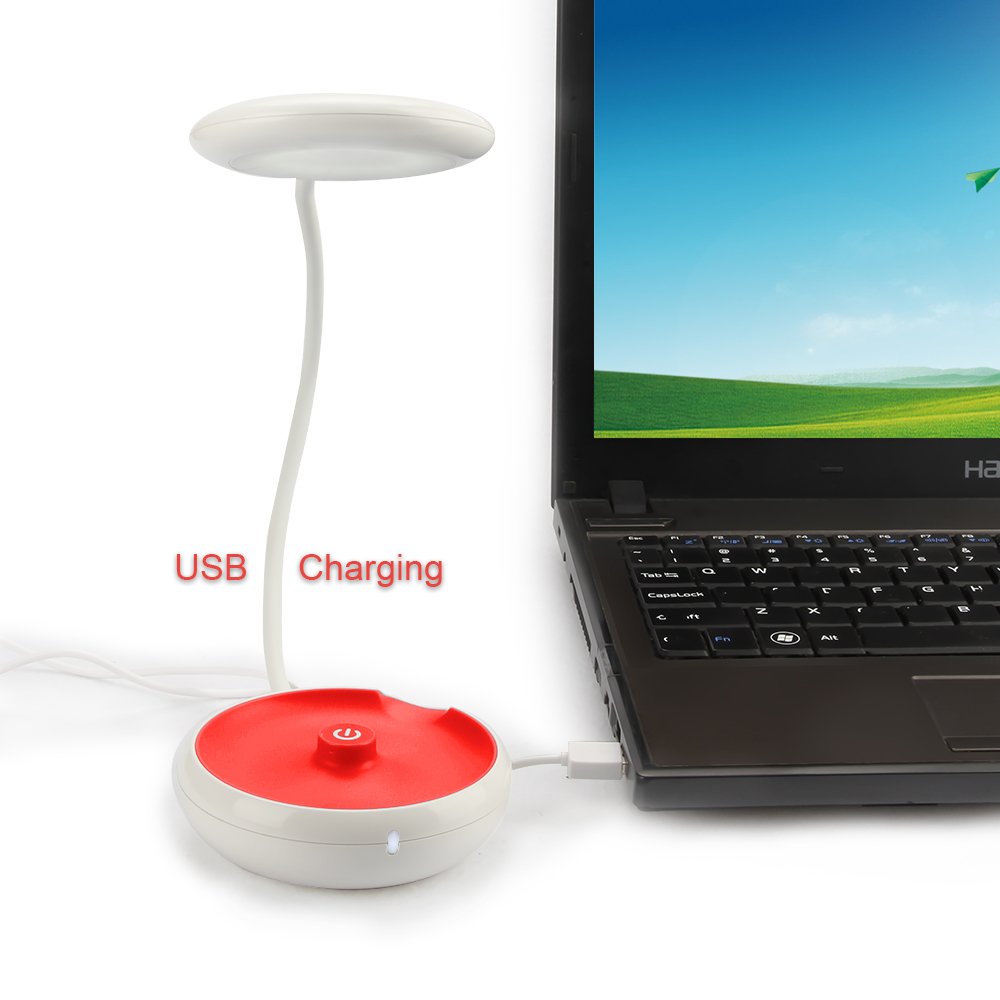 Portable LED Desk Lamp Travel Light 3-Level Dimmable Brightness Nightstand Lamp Touch Sensitive Control USB Rechargeable 1000mah Li-on Battery Flexible Lamp For Besides ,Reading, Kids-MECO,RED