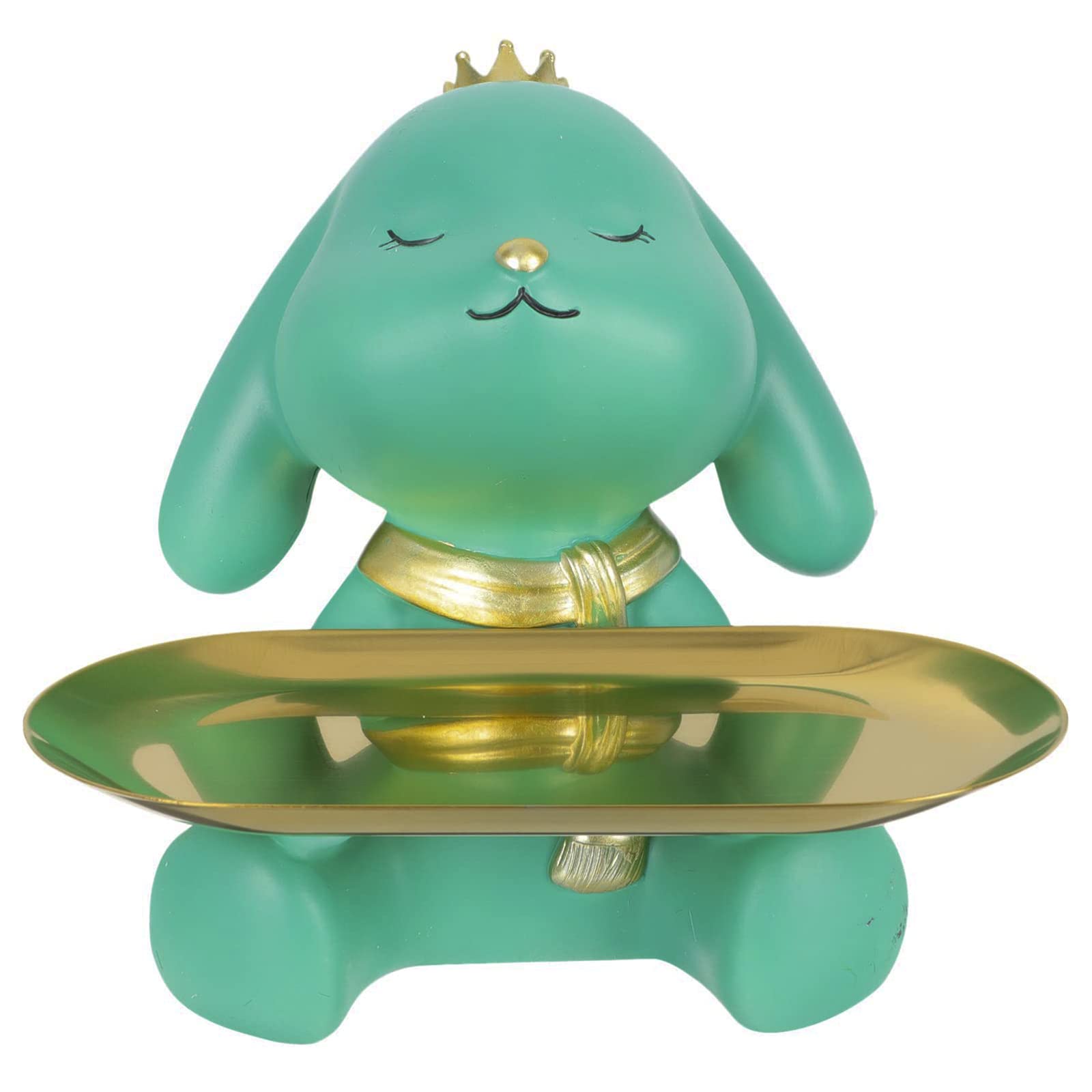 Hosoncovy Resin Rabbit Tray Sculpture Storage Tray Statue Rabbit Figurine Home Ornament with Metal Tray (Green)