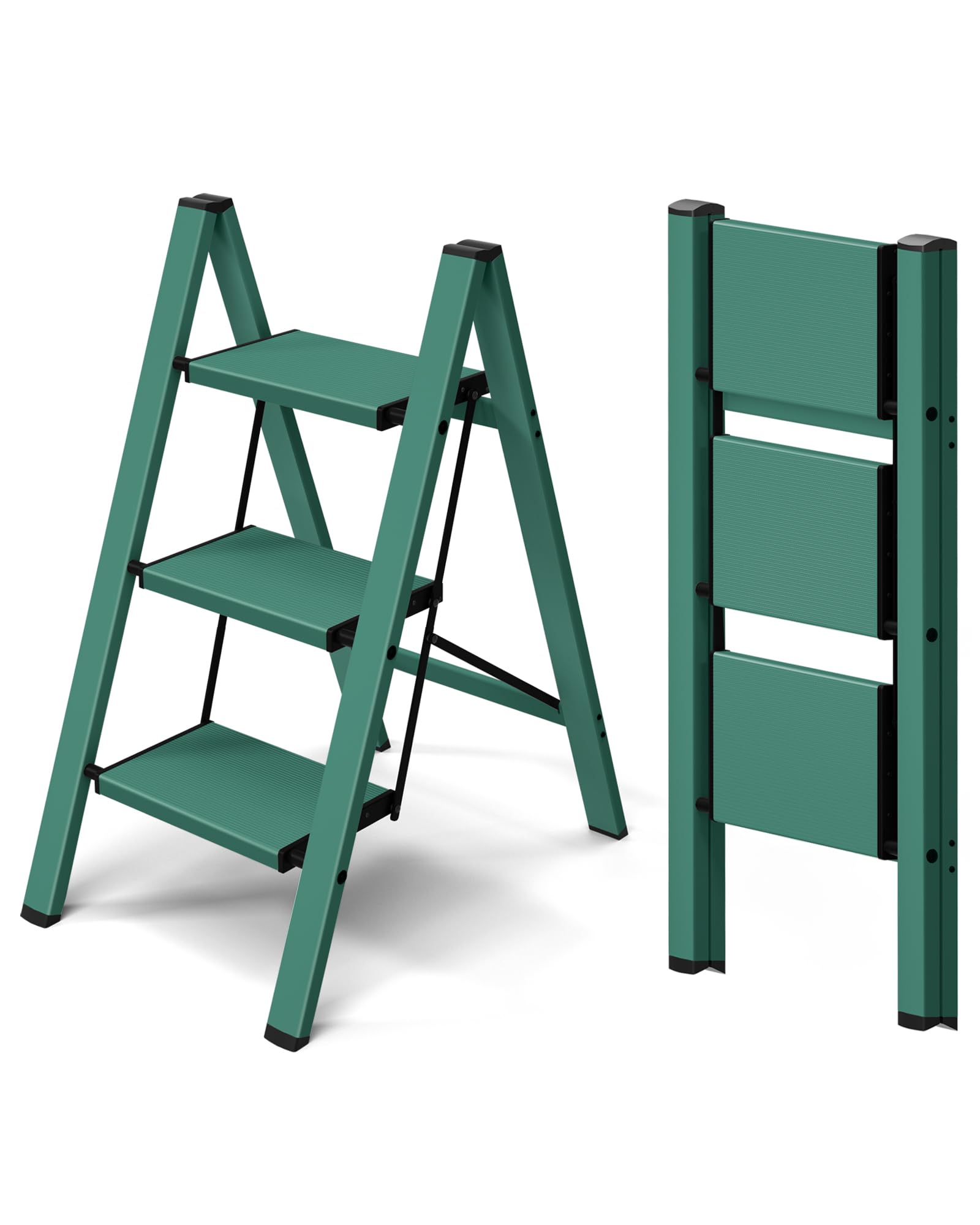 Taranta 3 Step Ladder,Aluminum Lightweight Folding 3 Step Stool with Anti-Slip Wide Pedal,330lbs Capacity Step Ladder for Household,Kitchen,Office - Green Image